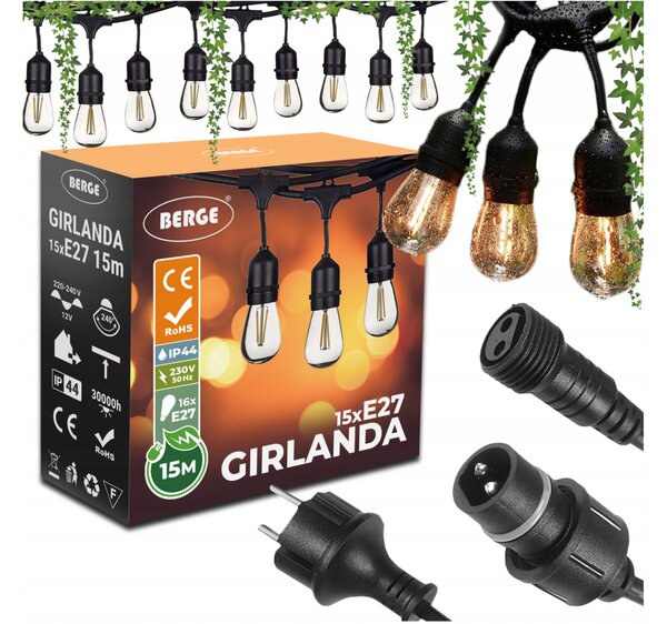 BERGE Záhradná girlanda 15m + 16x 1W LED žiarovka