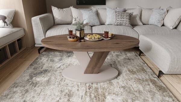 LOVA Orech Elegant/Béž Taupe - OVÁLNY KONFERENČNÝ STOLÍK 110 × 60 cm MODERNÝ KÁVOVÝ STOLÍK