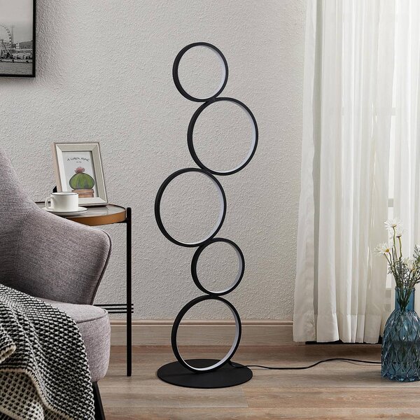 Lindby LED stojacia lampa Jacek, čierna, kov, 110 cm, krúžky, Čierna, Obývacia izba / jedáleň, kov, Moderný