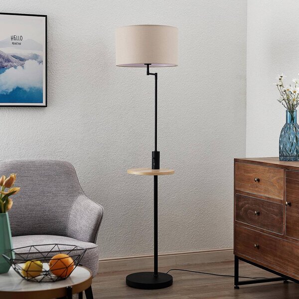 Stojacia lampa Lindby Zinia, čierna, polička, pripojenie USB, Čierna, Obývacia izba / jedáleň, kov, Moderný, Stojaca lampa