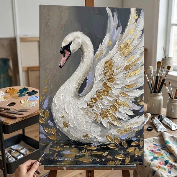 Obraz bielej labute na plátne – s ručne maľovanými detailmi - 40x60 cm