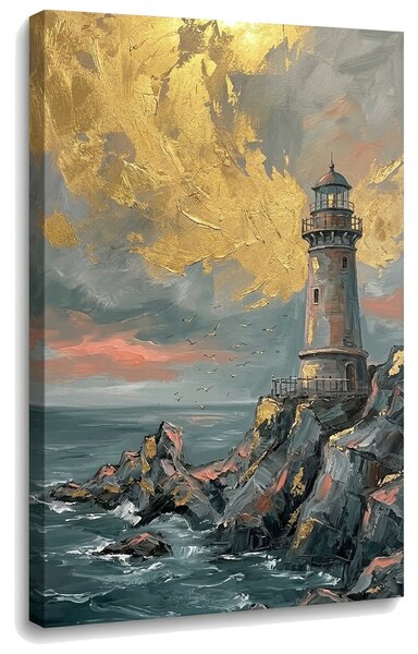 Obraz majáka na rozbúrenom mori na plátne – s ručne maľovanými detailmi - 40x60 cm