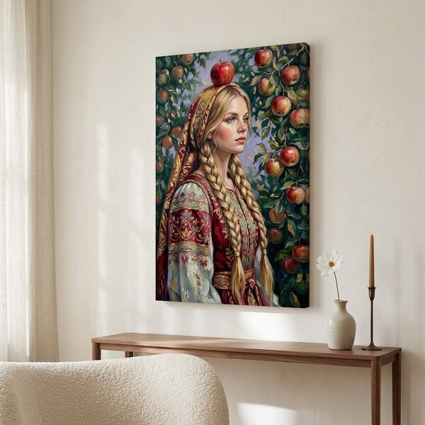 Obraz ženy v kroji s jablkom na plátne – s ručne maľovanými detailmi - 40x60 cm