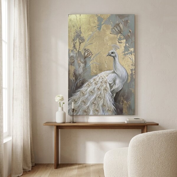 Obraz bieleho páva na plátne – s ručne maľovanými detailmi - 40x60 cm