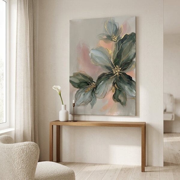 Obraz abstraktnej kvetinovej kompozície na plátne – s ručne maľovanými detailmi - 40x60 cm