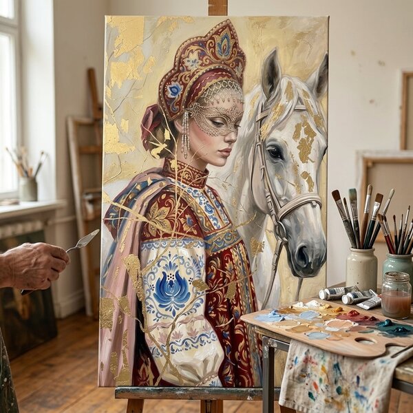Obraz ženy s koňom a maskou na plátne – s ručne maľovanými detailmi - 40x60 cm