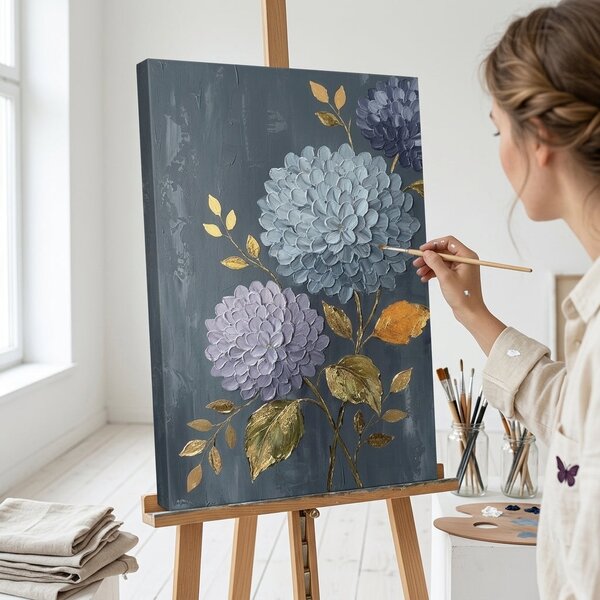Obraz hortenzie na plátne – s ručne maľovanými detailmi - 40x60 cm