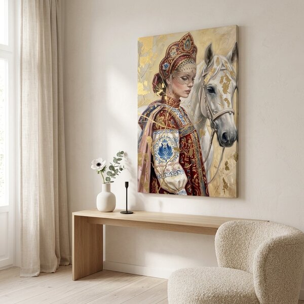 Obraz ženy s koňom a maskou na plátne – s ručne maľovanými detailmi - 40x60 cm