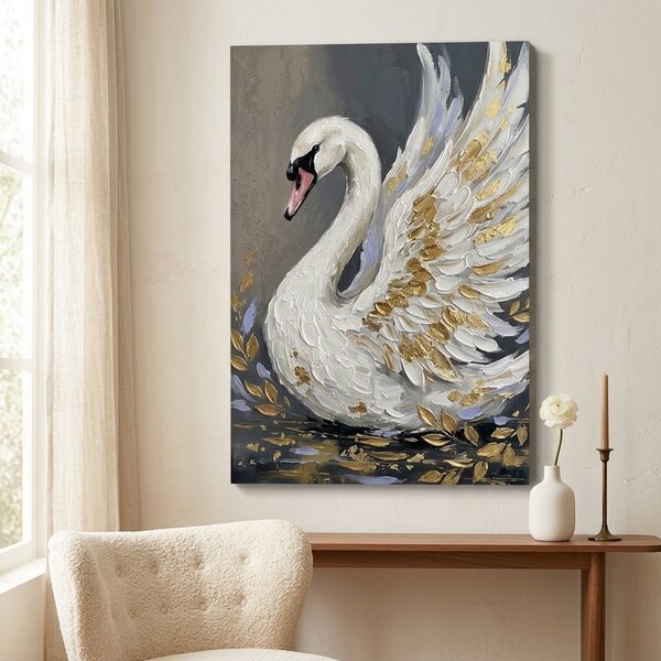 Obraz bielej labute na plátne – s ručne maľovanými detailmi - 40x60 cm