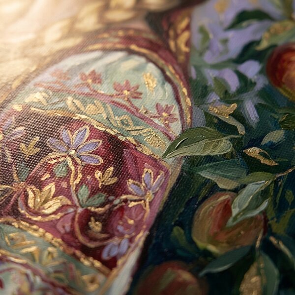 Obraz ženy v kroji s jablkom na plátne – s ručne maľovanými detailmi - 40x60 cm