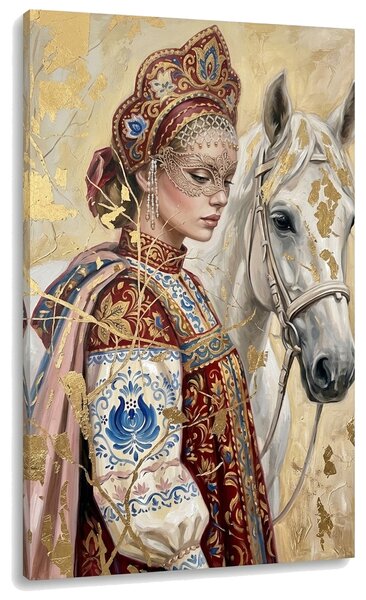 Obraz ženy s koňom a maskou na plátne – s ručne maľovanými detailmi - 40x60 cm