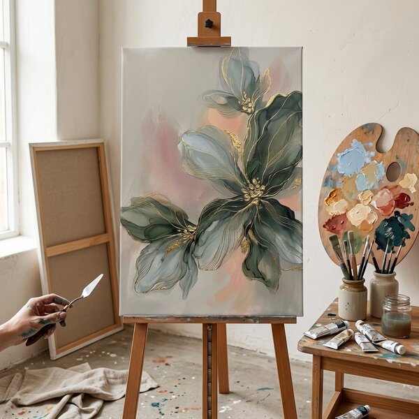 Obraz abstraktnej kvetinovej kompozície na plátne – s ručne maľovanými detailmi - 40x60 cm
