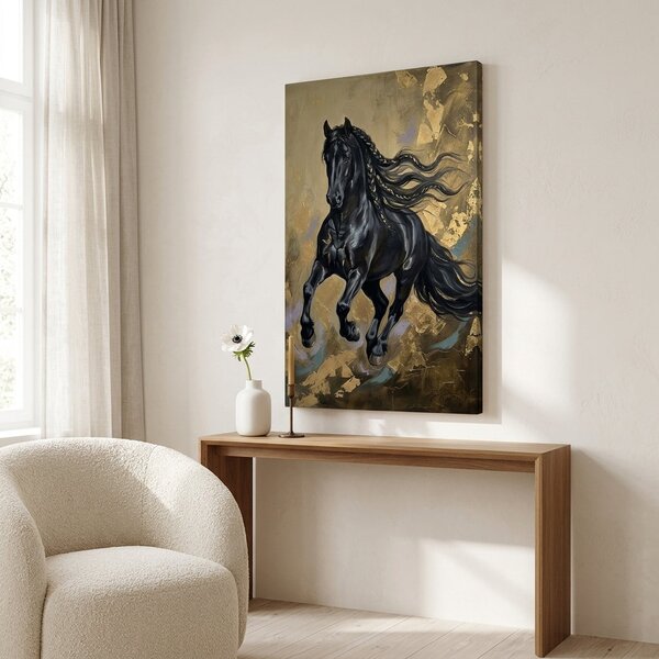 Obraz čierneho koňa v cvale na plátne – s ručne maľovanými detailmi - 40x60 cm