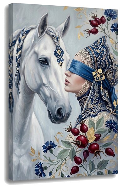 Obraz ženy s bielym koňom na plátne – s ručne maľovanými detailmi - 40x60 cm