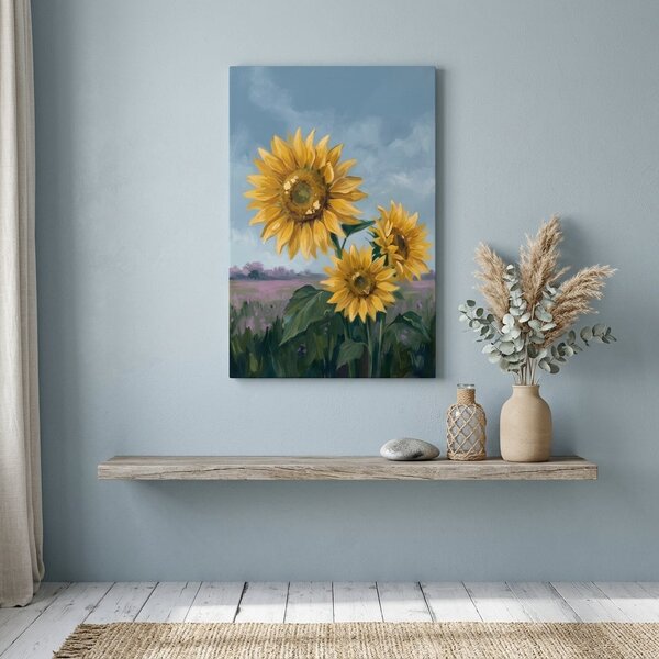 Obraz tri slnečnice na poli na plátne – s ručne maľovanými detailmi - 40x60 cm