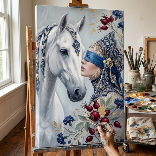 Obraz ženy s bielym koňom na plátne – s ručne maľovanými detailmi - 40x60 cm