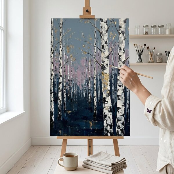 Obraz brezový les na plátne – s ručne maľovanými detailmi - 40x60 cm