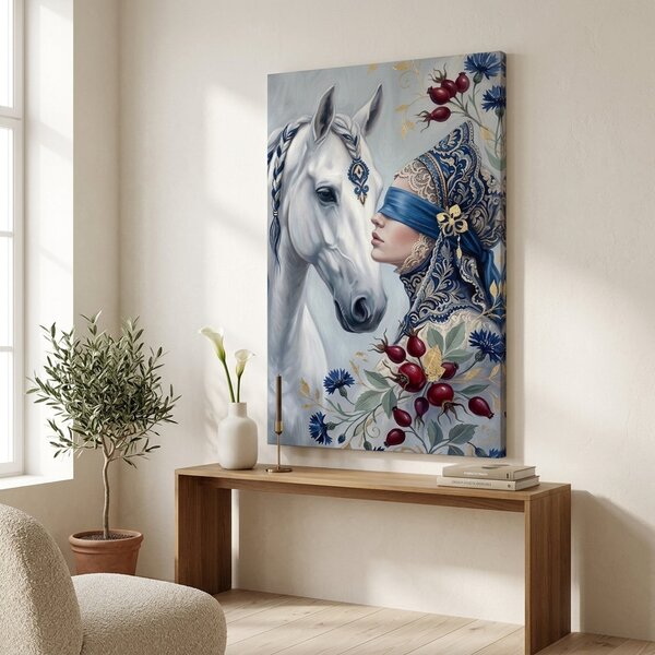 Obraz ženy s bielym koňom na plátne – s ručne maľovanými detailmi - 40x60 cm