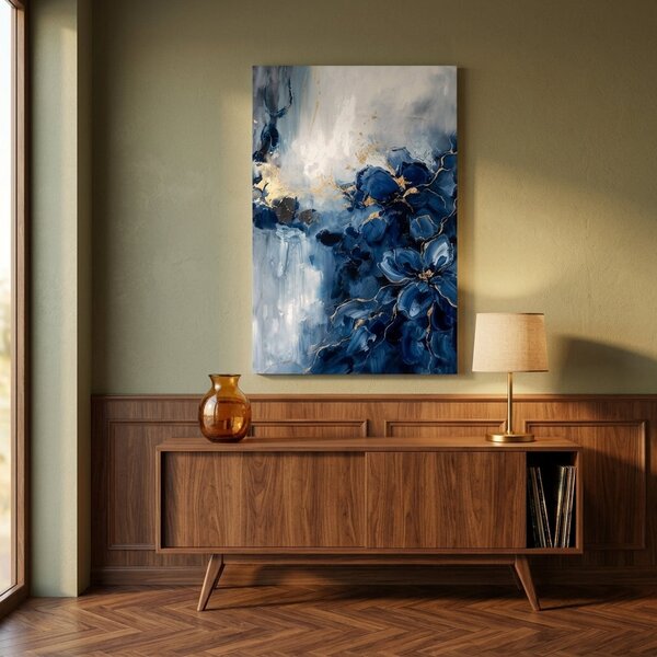 Obraz abstraktnej kompozície s modrými vlnami na plátne – s ručne maľovanými detailmi - 40x60 cm