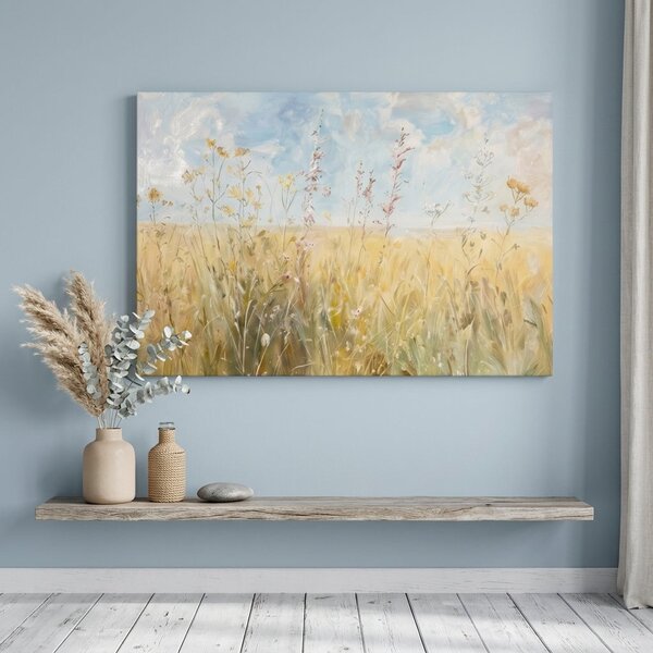 Obraz letná lúka s divými kvetmi na plátne – s ručne maľovanými detailmi - 60x40 cm