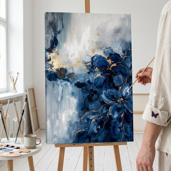 Obraz abstraktnej kompozície s modrými vlnami na plátne – s ručne maľovanými detailmi - 40x60 cm