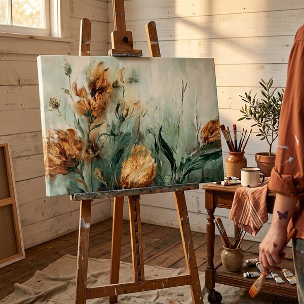 Obraz abstraktné kvetinové zoskupenie na plátne – s ručne maľovanými detailmi - 40x60 cm
