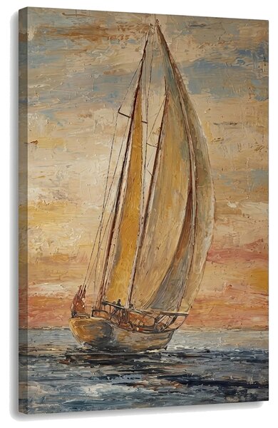 Obraz plachetnica na mori pri západe slnka na plátne – s ručne maľovanými detailmi - 40x60 cm