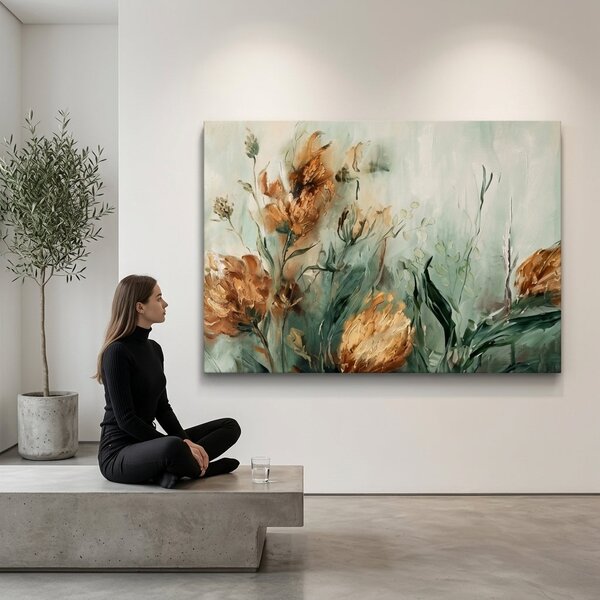 Obraz abstraktné kvetinové zoskupenie na plátne – s ručne maľovanými detailmi - 40x60 cm