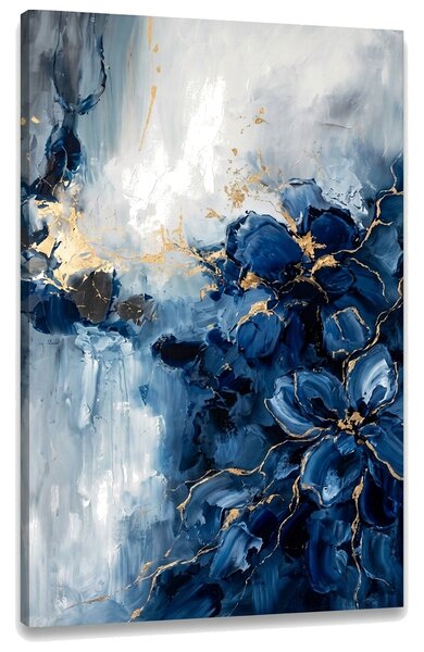 Obraz abstraktnej kompozície s modrými vlnami na plátne – s ručne maľovanými detailmi - 40x60 cm
