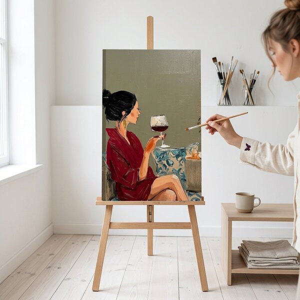 Obraz ženy s vínom na plátne – s ručne maľovanými detailmi - 40x60 cm
