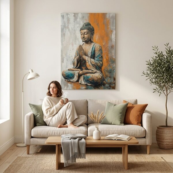 Obraz Budhu v meditačnej póze na plátne – s ručne maľovanými detailmi - 40x60 cm