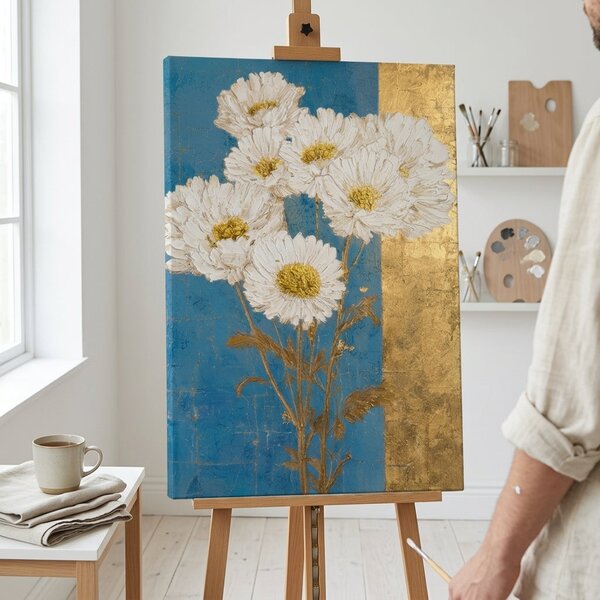 Obraz kytice bielych margarét na plátne – s ručne maľovanými detailmi - 40x60 cm