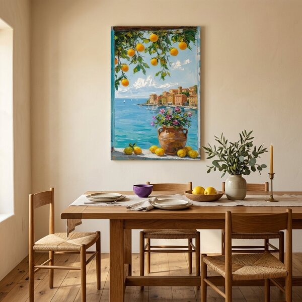 Obraz výhľad na stredomorské pobrežie s citrónmi na plátne – s ručne maľovanými detailmi - 40x60 cm