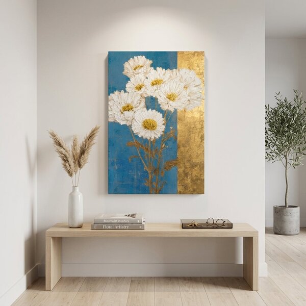 Obraz kytice bielych margarét na plátne – s ručne maľovanými detailmi - 40x60 cm