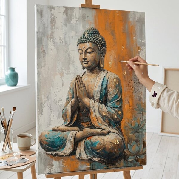 Obraz Budhu v meditačnej póze na plátne – s ručne maľovanými detailmi - 40x60 cm