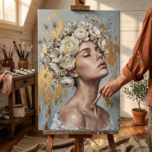 Obraz ženy s kvetinovou korunou na plátne – s ručne maľovanými detailmi - 40x60 cm