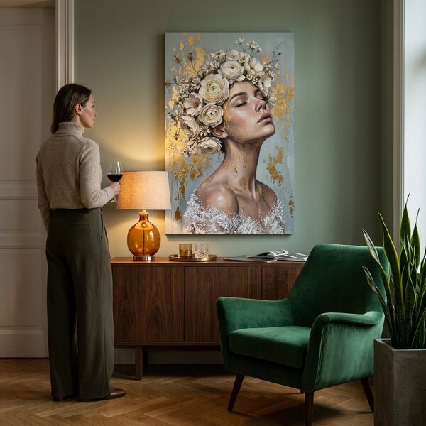 Obraz ženy s kvetinovou korunou na plátne – s ručne maľovanými detailmi - 40x60 cm