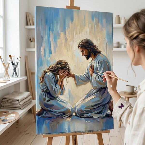 Obraz Ježiš utešujúci ženu na plátne – s ručne maľovanými detailmi - 40x60 cm
