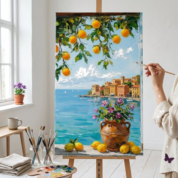 Obraz výhľad na stredomorské pobrežie s citrónmi na plátne – s ručne maľovanými detailmi - 40x60 cm