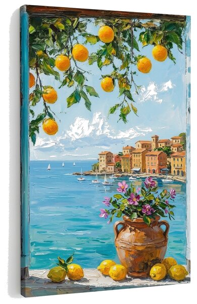 Obraz výhľad na stredomorské pobrežie s citrónmi na plátne – s ručne maľovanými detailmi - 40x60 cm