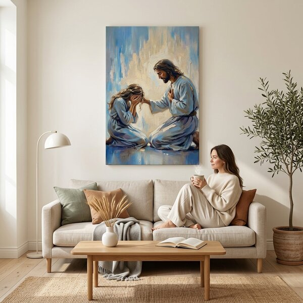 Obraz Ježiš utešujúci ženu na plátne – s ručne maľovanými detailmi - 40x60 cm