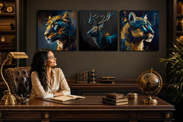 Set 3 obrazov Safari Gold — Jaguár, Jeleň, Puma - 3× 80×80 cm