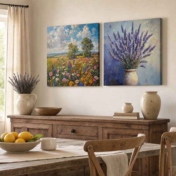 Set 2 obrazov Kvetinová harmónia — Letná lúka, Levanduľa - 2× 60×60 cm