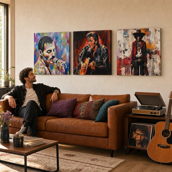 Set 3 obrazov Rock Legends — Freddie, Elvis, Hendrix - 3× 60×60 cm