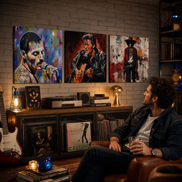 Set 3 obrazov Rock Legends — Freddie, Elvis, Hendrix - 3× 60×60 cm