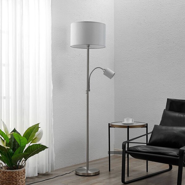 Stojacia lampa Lindby Colima, sivá, textilná, na čítanie, 170 cm, Hliník / sivá / zinok, Obývacia izba / jedáleň, kov, Moderný, Stojaca lampa