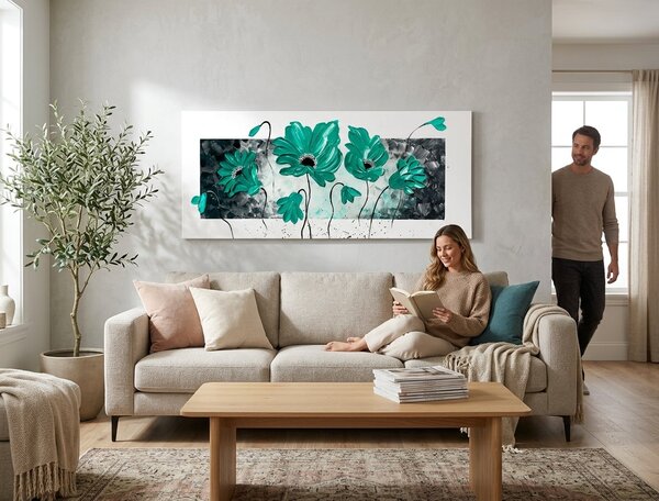 Autorská reprodukcia na plátne Tyrkysové kvety — panoramatický - 70x30 cm