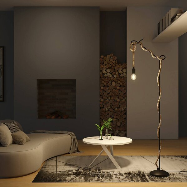 Stojacia lampa Lucande Ropina, výška 180 cm, čierna, konopné lano, Čierna, Obývacia izba / jedáleň, kov, Vintage