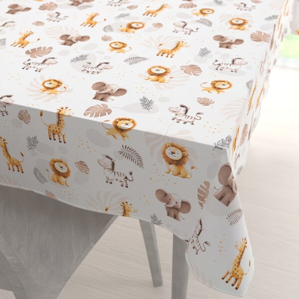 Biante Detský bavlnený obdĺžnikový obrus Sandra SA-757 Hnedo-oranžové safari zvieratká na bielom 50x100 cm