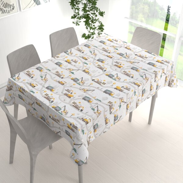 Biante Detský bavlnený obdĺžnikový obrus Sandra SA-756 Žlto-zelené autá a bagre na bielom 50x100 cm